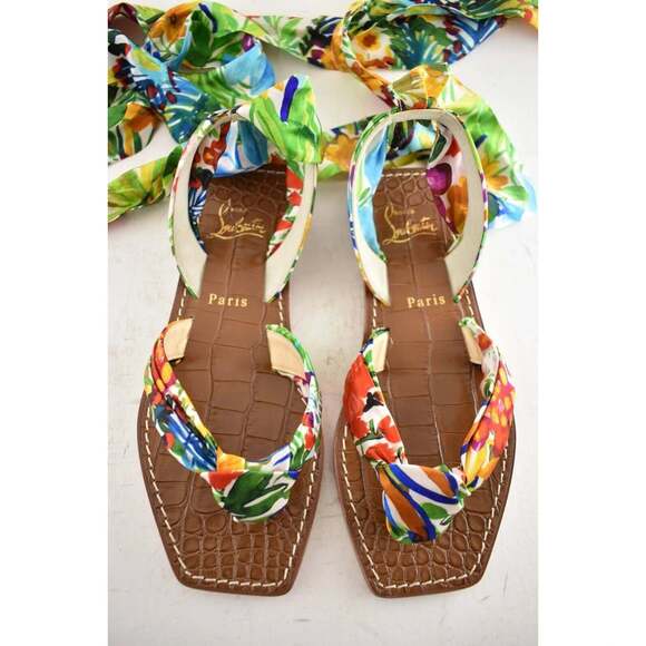 Christian Louboutin Niloofar Flat Satin Lace Up Tie Floral Multicolor Sandal 35 - Picture 7 of 12